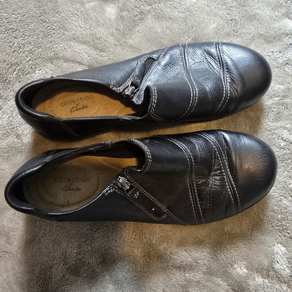 Clarks Black Mules with Ruched Leather Design